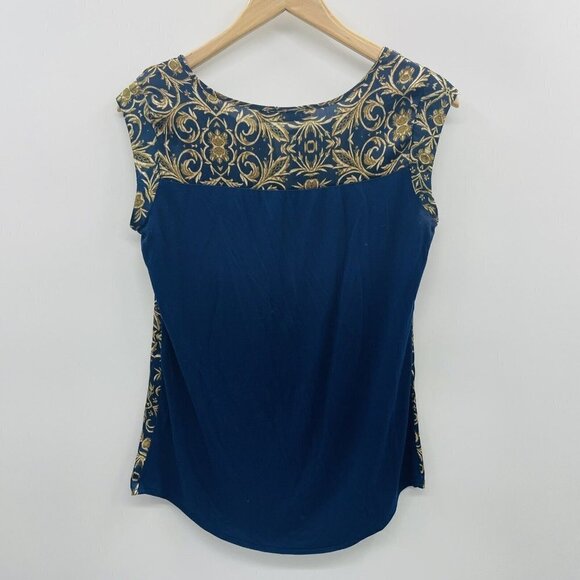 The Limited Womens Size XS Mixed Media Satin Blouse with Keyhole Blue Gold 578 - Picture 3 of 5